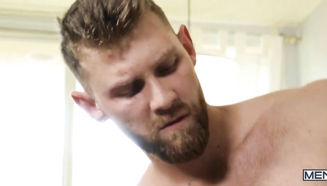 The blonde and jacked stud's cock won't stop telling him that it needs ass