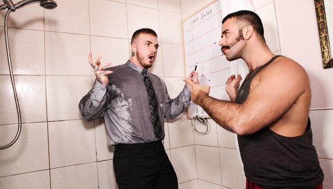 Mustached, black-haired hunk seducing workaholic tattooed stud